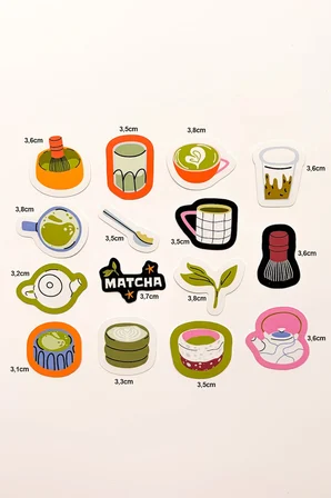 Matcha Latte Temalı 15 Parça Sticker Paketi Suya Dayanıklı Ajanda Laptop Termos Telefon Etiket Seti