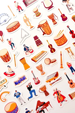 Müzik Enstrümanları ve Müzisyenler 63 Parça Sticker Paketi Suya Dayanıklı Laptop Termos Telefon Etiket Seti