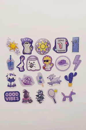 Mor Renk Temalı Hologram Stickerlar 21 Adet Sticker Paketi Suya Dayanıklı Laptop Termos Telefon Etiket Seti