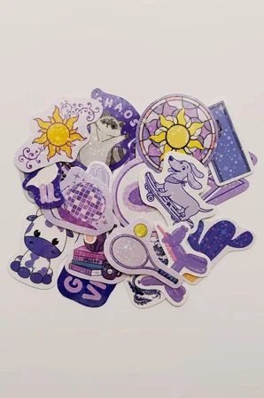 Mor Renk Temalı Hologram Stickerlar 21 Adet Sticker Paketi Suya Dayanıklı Laptop Termos Telefon Etiket Seti