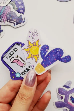 Mor Renk Temalı Hologram Stickerlar 21 Adet Sticker Paketi Suya Dayanıklı Laptop Termos Telefon Etiket Seti
