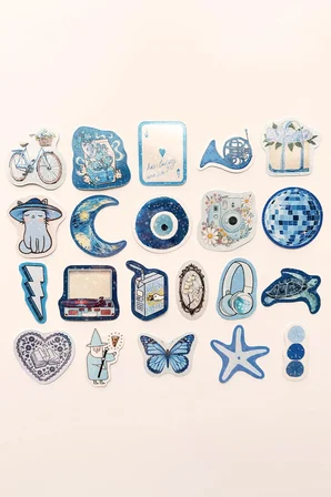 Mavi Renk Temalı Hologram Stickerlar 21 Adet Sticker Paketi Suya Dayanıklı Laptop Termos Telefon Etiket Seti