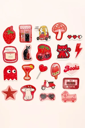 Kırmızı Renk Temalı Hologram Stickerlar 21 Adet Sticker Paketi Suya Dayanıklı Laptop Termos Telefon Etiket Seti