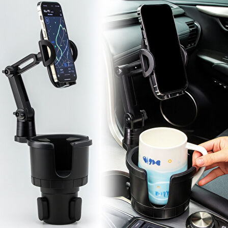 Çok Fonksiyonlu Araç Kupa ve Telefon Tutucu – 360° Döner Ayarlanabilir Taban