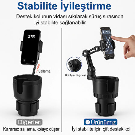 Çok Fonksiyonlu Araç Kupa ve Telefon Tutucu – 360° Döner Ayarlanabilir Taban