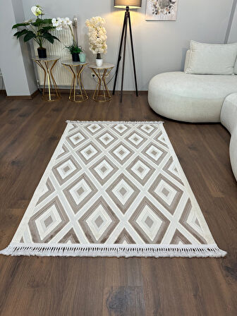 ARYA 5025-G Pamuk Dokuma Taban İskandinav Desenli Salon Koridor Mutfak Halısı-KREM/VİZON
