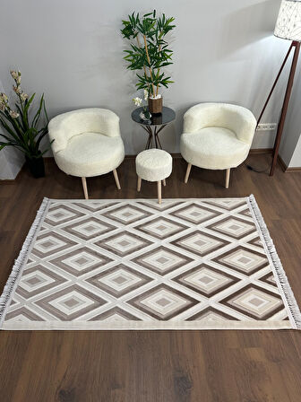 ARYA 5025-G Pamuk Dokuma Taban İskandinav Desenli Salon Koridor Mutfak Halısı-KREM/VİZON