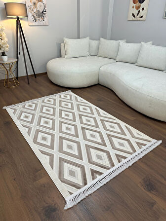 ARYA 5025-G Pamuk Dokuma Taban İskandinav Desenli Salon Koridor Mutfak Halısı-KREM/VİZON