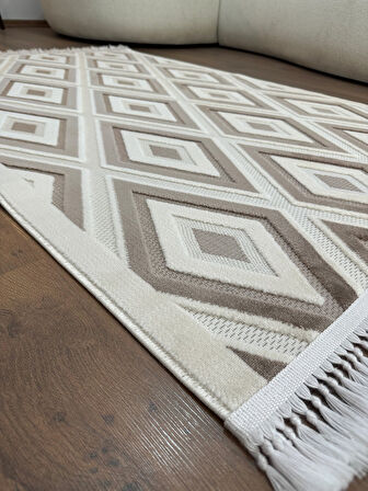 ARYA 5025-G Pamuk Dokuma Taban İskandinav Desenli Salon Koridor Mutfak Halısı-KREM/VİZON