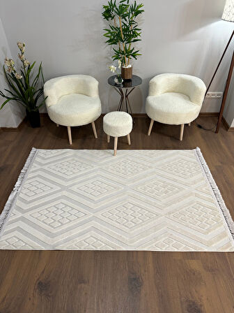 ARYA 5026-G Pamuk Dokuma Taban Geometrik Desenli Salon Halısı-KREM