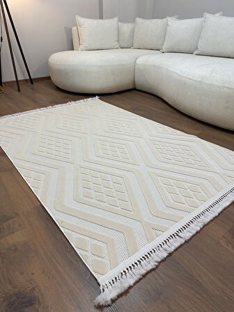 ARYA 5026-G Pamuk Dokuma Taban Geometrik Desenli Salon Halısı-KREM