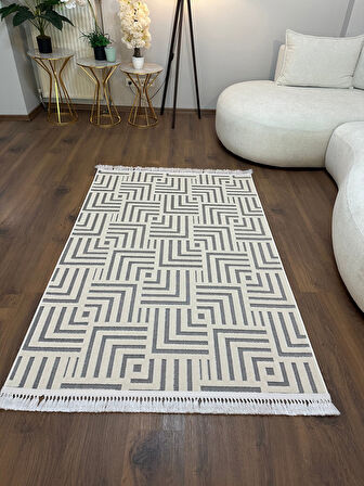 ARYA 5027-G Pamuk Dokuma Taban Geometrik Desenli Salon Koridor Mutfak Halısı-KREM/GRİ