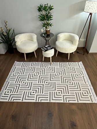 ARYA 5027-G Pamuk Dokuma Taban Geometrik Desenli Salon Koridor Mutfak Halısı-KREM/GRİ