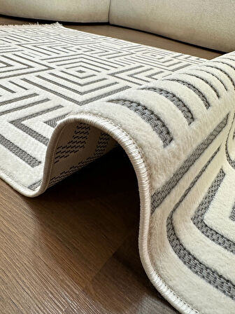 ARYA 5027-G Pamuk Dokuma Taban Geometrik Desenli Salon Koridor Mutfak Halısı-KREM/GRİ