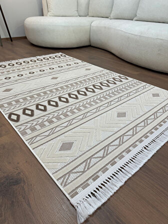 ARYA 5031-G Pamuk Dokuma Taban İskandinav Desenli Salon Koridor Mutfak Halısı-KREM/VİZON