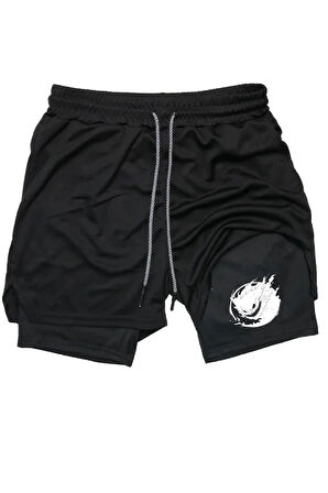 Baskılı Makiteks Sporcu Şortu, Alt Siyah Tayt Görünümlü Çok Cepli Taytlı Spor Şortu