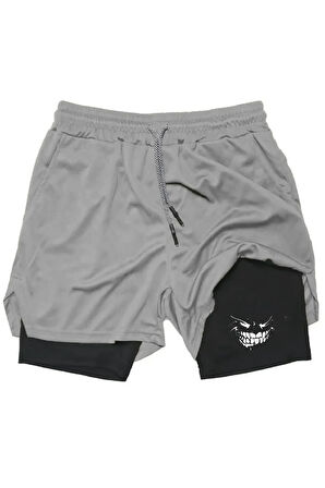 Baskılı Makiteks Sporcu Şortu, Alt Siyah Tayt Görünümlü Çok Cepli Taytlı Spor Şortu