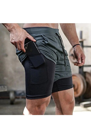 Baskılı Makiteks Sporcu Şortu, Alt Siyah Tayt Görünümlü Çok Cepli Taytlı Spor Şortu