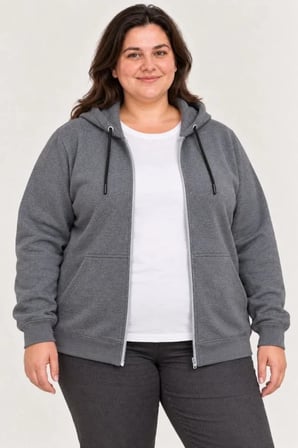 Battal Büyük Beden Üç İplik İçi Şardonlu Kapüşonlu Tam Fermuarlı Kışlık Sweatshirt - Füme