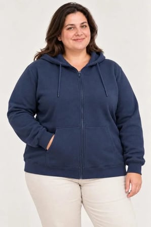 Battal Büyük Beden Üç İplik İçi Şardonlu Kapüşonlu Tam Fermuarlı Kışlık Sweatshirt - Lacivert