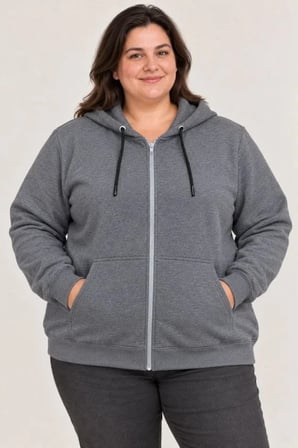Battal Büyük Beden Üç İplik İçi Şardonlu Kapüşonlu Tam Fermuarlı Kışlık Sweatshirt - Füme
