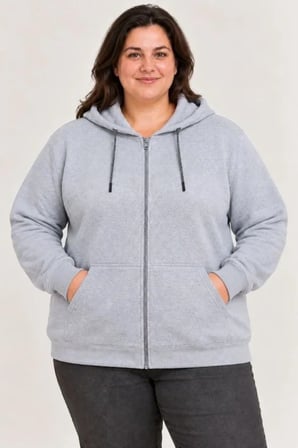Battal Büyük Beden Üç İplik İçi Şardonlu Kapüşonlu Tam Fermuarlı Kışlık Sweatshirt - Gri