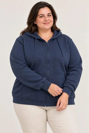 Battal Büyük Beden Üç İplik İçi Şardonlu Kapüşonlu Tam Fermuarlı Kışlık Sweatshirt - Lacivert