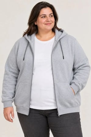 Battal Büyük Beden Üç İplik İçi Şardonlu Kapüşonlu Tam Fermuarlı Kışlık Sweatshirt - Gri