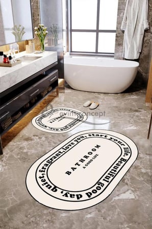 Krem Siyah Yazılı Banyo Paspası, Kaymaz Taban Banyo Paspası, Oval Klozet Takımı, Yıkanabilir Klozet Takımı, Dekoratif Banyo Paspası
