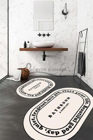 Krem Siyah Yazılı Banyo Paspası, Kaymaz Taban Banyo Paspası, Oval Klozet Takımı, Yıkanabilir Klozet Takımı, Dekoratif Banyo Paspası