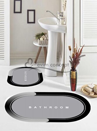 Gri Siyah Yazılı Banyo Paspası, Kaymaz Taban Banyo Paspası, Oval Klozet Takımı, Yıkanabilir Klozet Takımı, Dekoratif Banyo Paspası