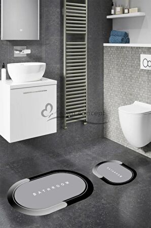 Gri Siyah Yazılı Banyo Paspası, Kaymaz Taban Banyo Paspası, Oval Klozet Takımı, Yıkanabilir Klozet Takımı, Dekoratif Banyo Paspası