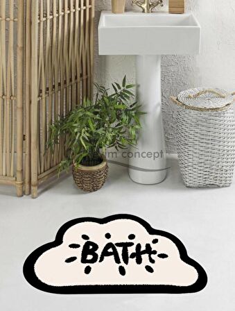 Bath Yazılı Paspas, Bulut Şekilli Banyo Paspası, Dekoratif Paspas, Krem Siyah Paspas 60x100 Paspas