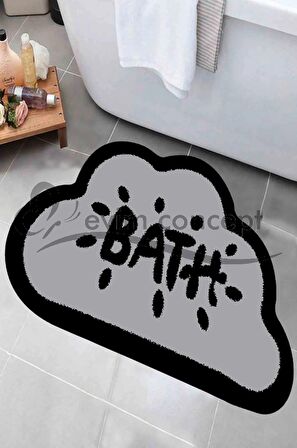 Bath Yazılı Paspas, Bulut Şekilli Banyo Paspası, Dekoratif Paspas, Gri Siyah Paspas 60x100 Paspas