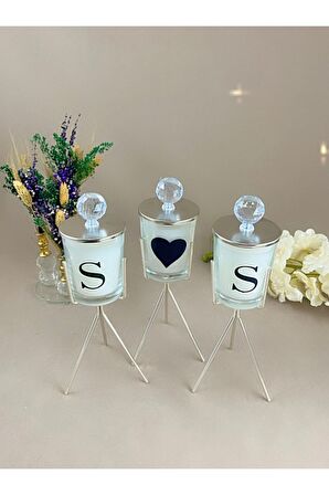 Dekoratif Harfli Gümüş Kristal Ayaklı Mum Set