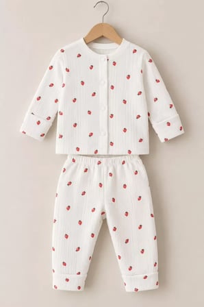 3-12 Ay Çilek Baskılı Çıtçıtlı Penye Bebek Pijama Takımı