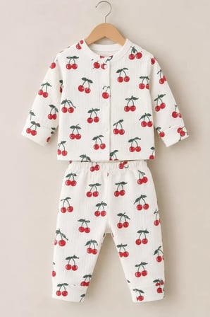 3-12 Ay Kiraz Baskılı Çıtçıtlı Penye Bebek Pijama Takımı