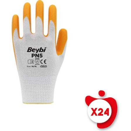 10 Beden Sarı Polyester Örme Nitril Eldiven 24 Adet