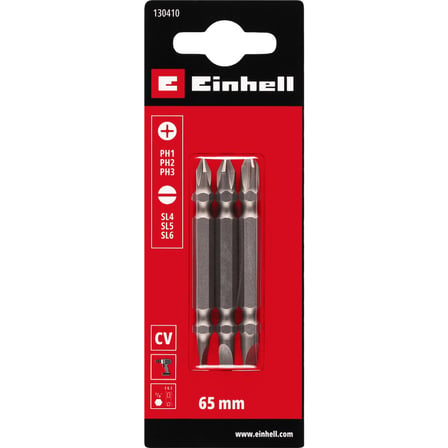 Orijinal Einhell Çift Uçlu Bit Seti, 3 Parça, 65 mm, PH / SL (Krom Vanadyum, Çok Yönlü Uç