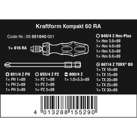 Kompakt 60 RA Cırcır Tutuculu Bits Seti