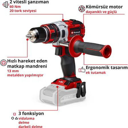 Einhell Profesyonel Akülü Darbeli Vidalama TE-CD 18 Li-i BL Solo Power X-Change (18 V, Darbe