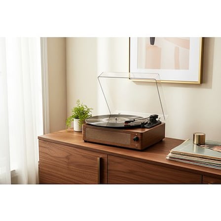 Kahverengi Hoparlörlü Pikap ile Retro Müzik Keyfi