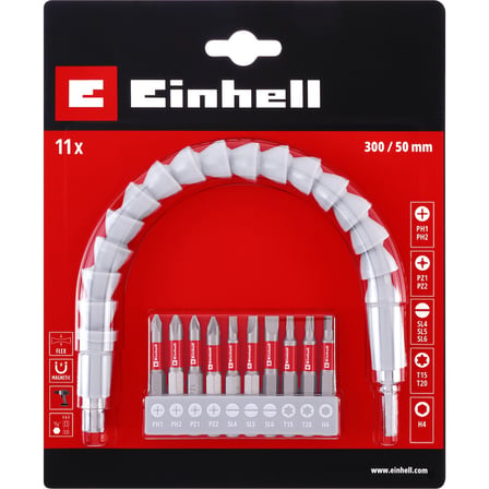 Orijinal Einhell 11 Parça Bit Seti (300 mm Esnek Mil, Kalıcı Mıknatıs, 10 Adet 50 mm Bit, Krom