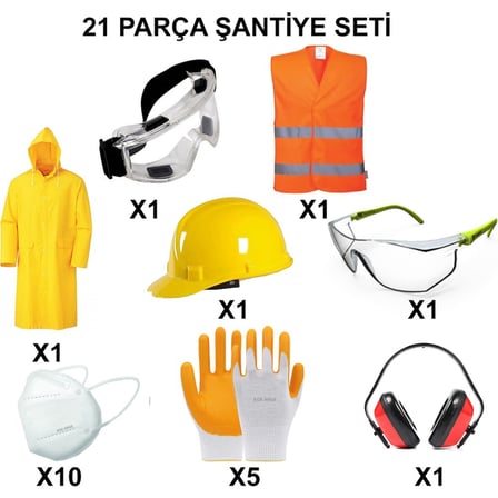 21 Parça Baret Eldiven Seti ile Şantiye Güvenliği