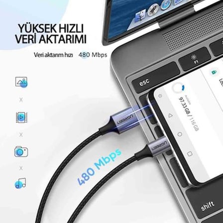 Beyaz Örgülü USB-C Şarj ve Data Kablosu, 25 cm Uzunluk