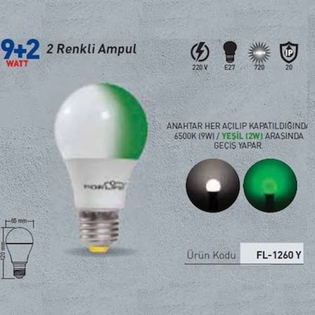 Renkli LED Ampül, Beyaz-Yeşil 9+2 Watt, Modern