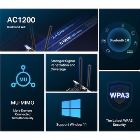 AC1200 Mbps Hızında Wi-Fi 5 ve Bluetooth 5.0 PCIe Ağ Kartı