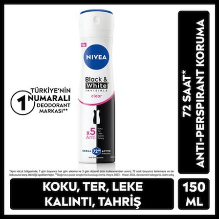 150ml 72 Saat Koruma Sunan Kadın Sprey Deodorant, Siyah&Beyaz