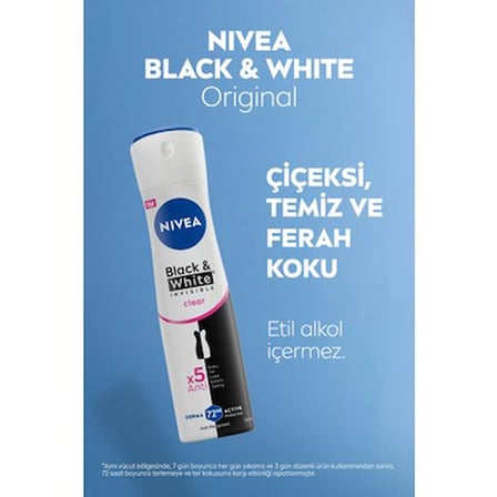 150ml 72 Saat Koruma Sunan Kadın Sprey Deodorant, Siyah&Beyaz