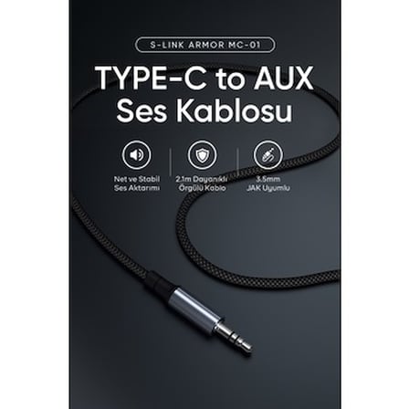 S-Link Armor Mc-01 120CM Type-C To M Aux Örgülü Metal Başlıklı Siyah Ses